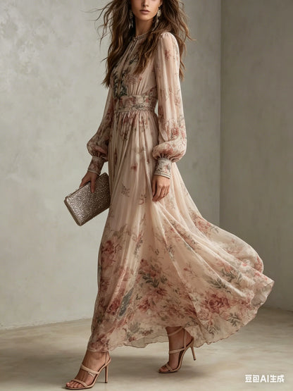 Elegant Long Sleeve Chiffon Long Dresses For Women 2026 Fashion Floral Print Slim Party Maxi Dress Casual