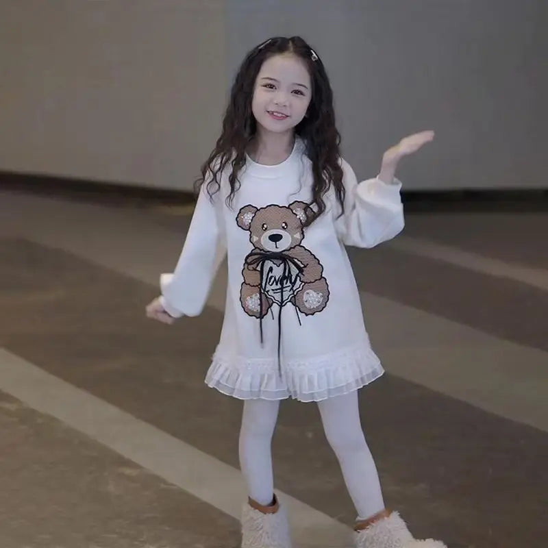 Teenage girls Thick Velvet warm Dress cotton Lotus leaf hem Cartoon Bear kids dresses chidren clothes 4-6 8 10 12 14