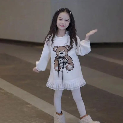 Teenage girls Thick Velvet warm Dress cotton Lotus leaf hem Cartoon Bear kids dresses chidren clothes 4-6 8 10 12 14