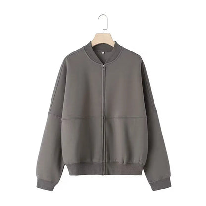 HH Women's 2-piece Retro Solid Color Zipper Bomber Jacket Sweatshirt + High-waisted Lace-up Women's Loose Velvet Pants Suit