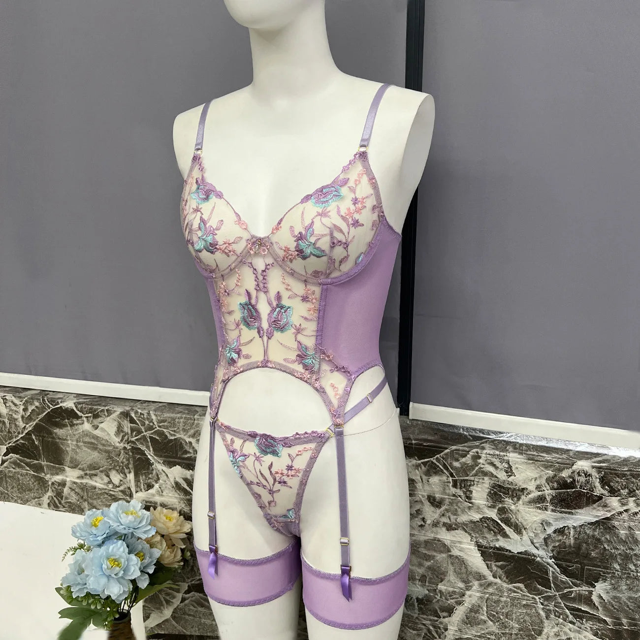 Floral Embroidery Mesh Corset Lingerie Set See Through Garter Belt 3 Piece Sexy Outfit Valentine Boudoir Photoshoot Romantic