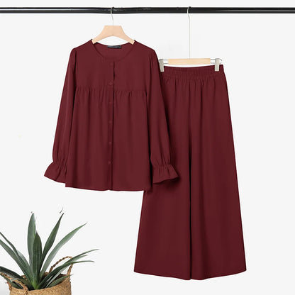 2026 ZANZEA Fashion Women Muslim 2 Piece Sets Casual O Neck Long Sleeve Tops Trousers Suit Ramadan Outfits Solid Color Tracksuit