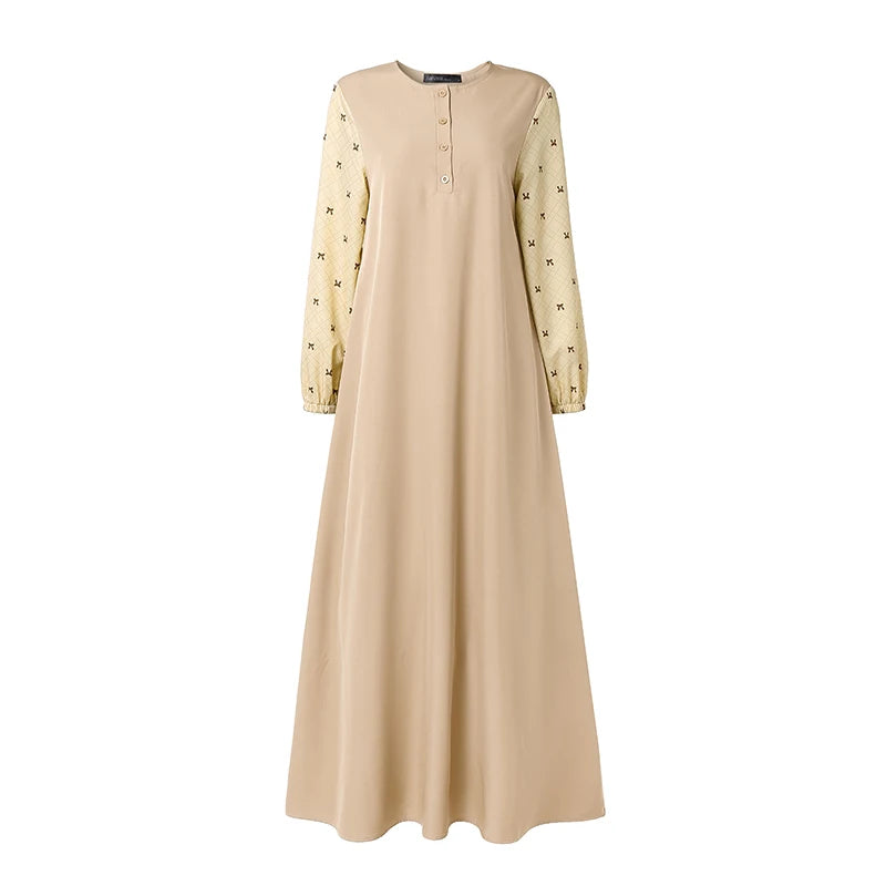 ZANZEA Women Patchwork Muslim Abaya Maxi Dresses Casual O Neck Long Sleeve Loose Ramadan Sundress Kaftan Hijab Dress Robe Femme