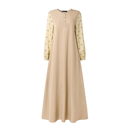 ZANZEA Women Patchwork Muslim Abaya Maxi Dresses Casual O Neck Long Sleeve Loose Ramadan Sundress Kaftan Hijab Dress Robe Femme