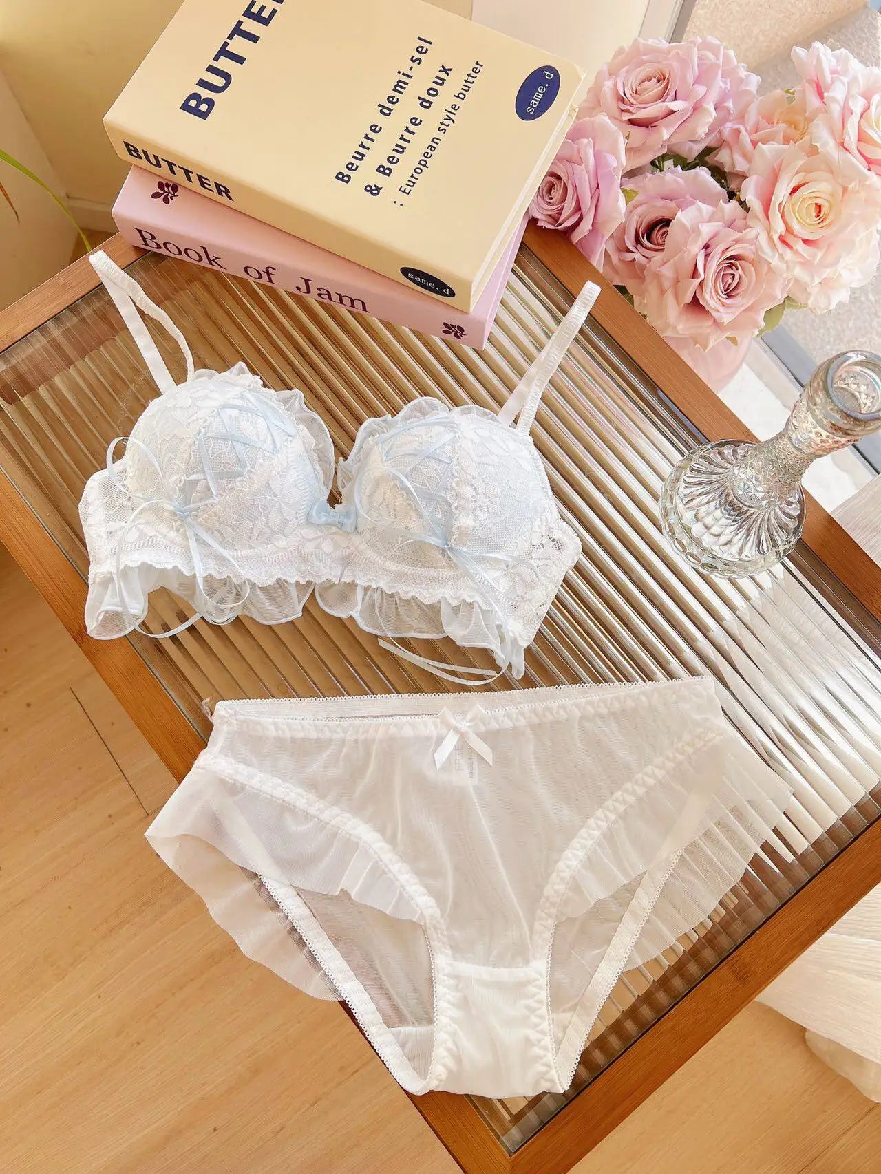 YUQI Japanese Style Lace Lingerie Set, Wireless Push Up Bra for Small Breasts, Anti-Sagging Lolita Bralette, Sheer Comfort Wear