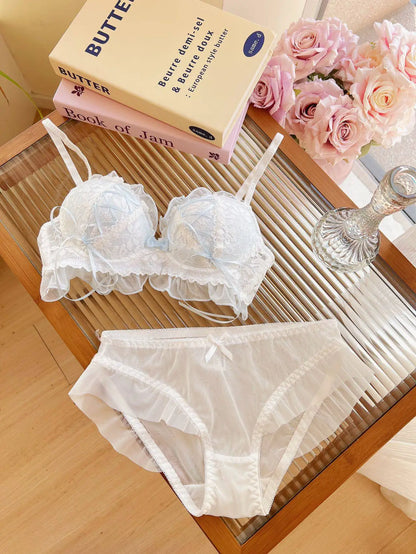 YUQI Japanese Style Lace Lingerie Set, Wireless Push Up Bra for Small Breasts, Anti-Sagging Lolita Bralette, Sheer Comfort Wear