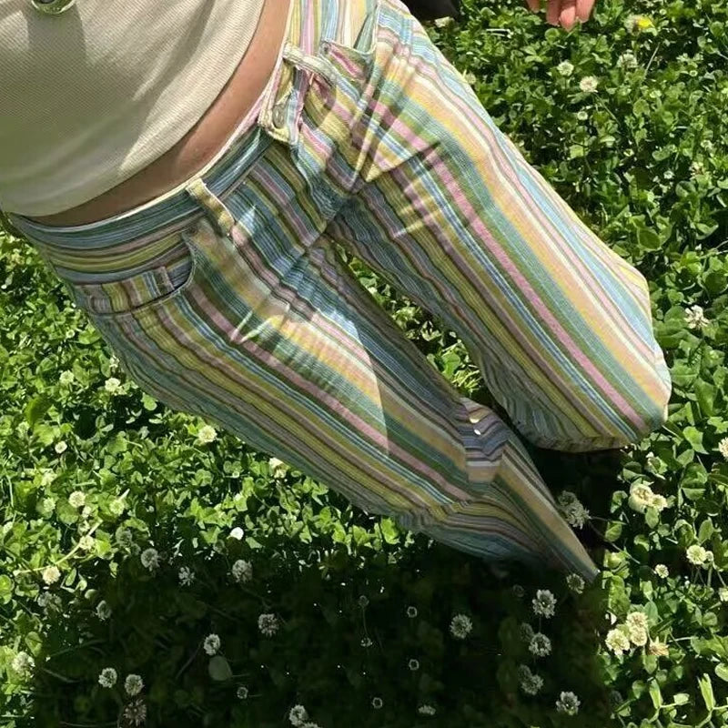 HXAO 2026 Jeans For Woman Rainbow Striped Baggy Jeans Pants Y2K Denim Wide Leg Pants Colorful Cowboy Summer Pants Streetwear