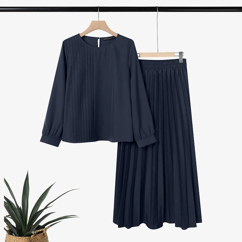 2026 ZANZEA Elegant Muslim 2 Pieces Sets Dubai Hijab Tracksuit Summer Women Long Sleeve Tops Dress Suit Ramadan Outfits Oversize