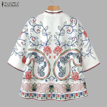ZANZEA Woman Bohemian Floral Print Blouses V-Neck 3/4 Sleeve High Low Kimono Tops 2026 Summer Casual Loose Vacation Blusas Mujer