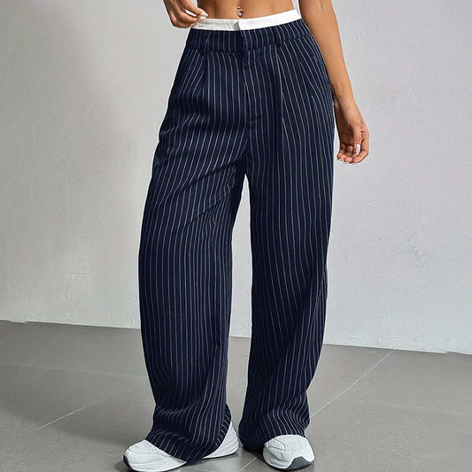 High Waist Stripe Printed Spliced Suit Trousers Women Casual Loose Straight Wide Pants Simple All-Match Draped Full Length Pants