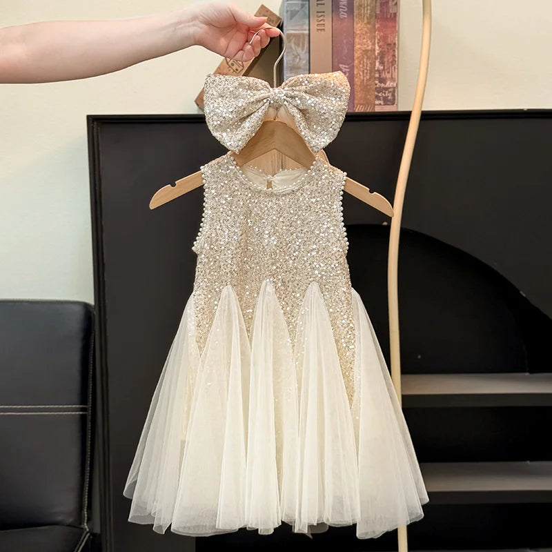 Girls Sequined Dress New Princess Puff Dress Kids Birthday Party Mesh Gown Ball Children Clothes Teen Fashion Vestidos 2-10 Year
