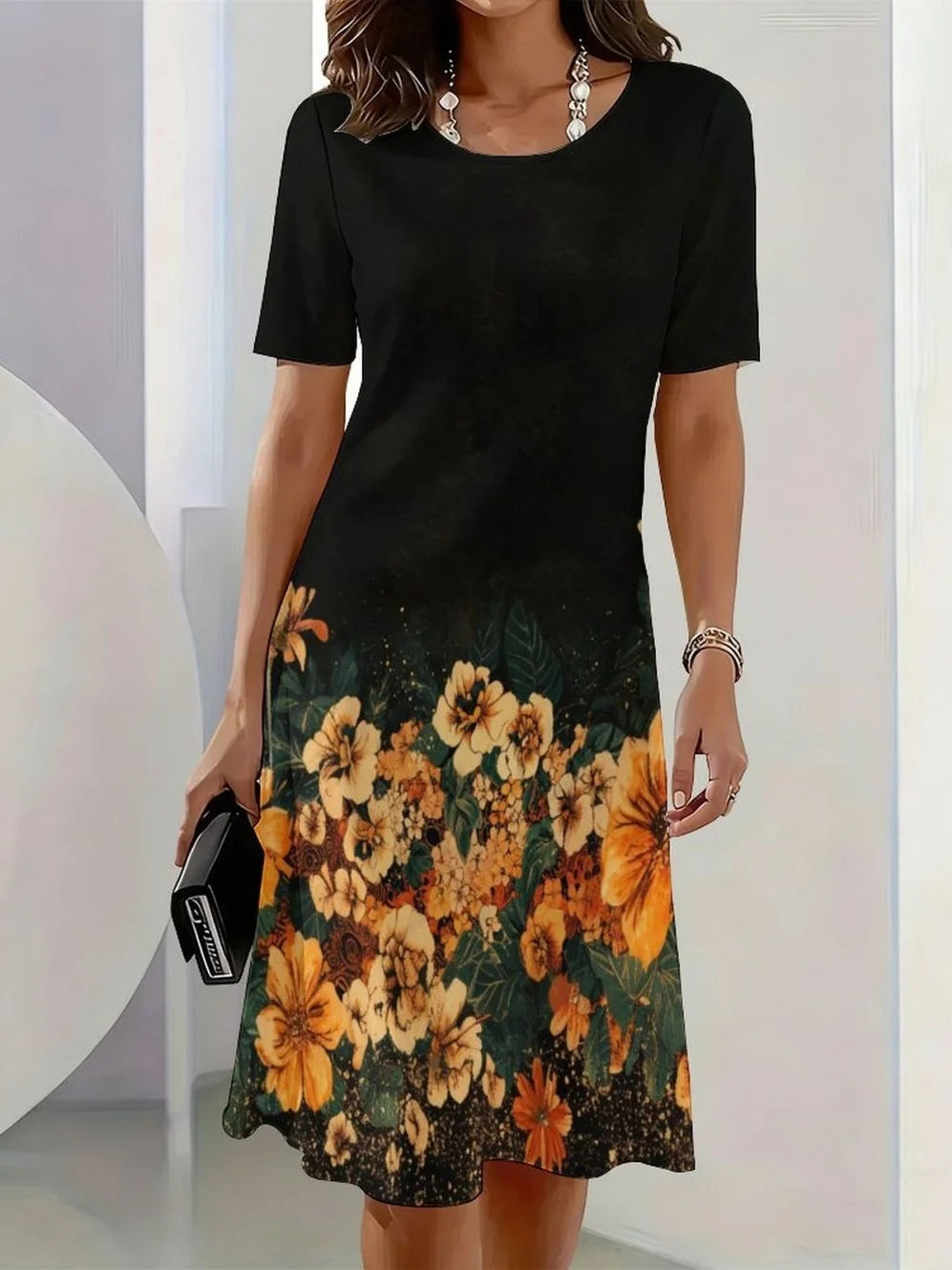 2026 New Elegant Floral Print Dresses for Women Round-Neck Short Sleeve Female Clothing Summer Travel Vacation Clothes for Woman
