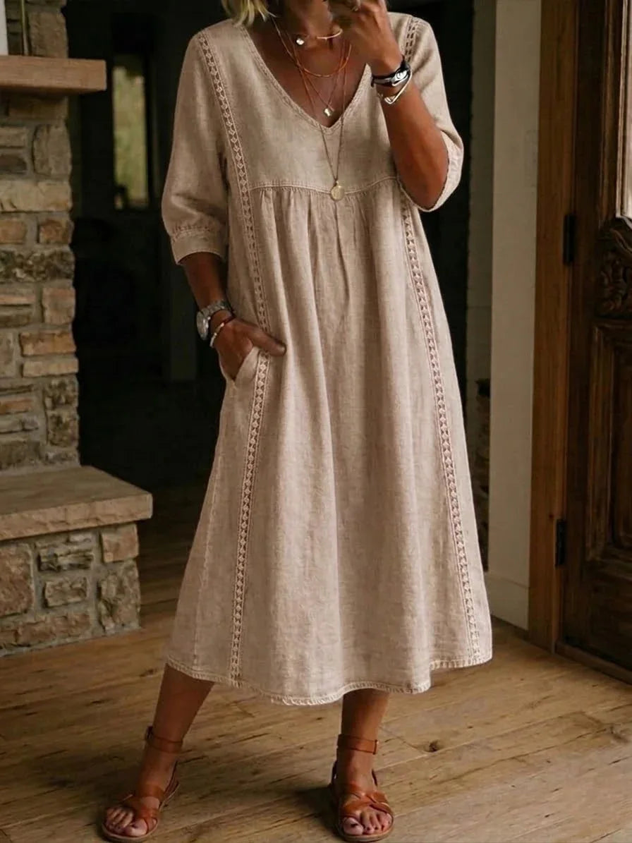Women Summer Casual Loose V Neck Lace Splicing Midi Dress, Solid Three Quarter Sleeve Breathable Daily Vacation Dress