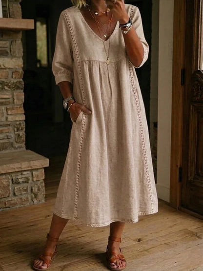 Women Summer Casual Loose V Neck Lace Splicing Midi Dress, Solid Three Quarter Sleeve Breathable Daily Vacation Dress