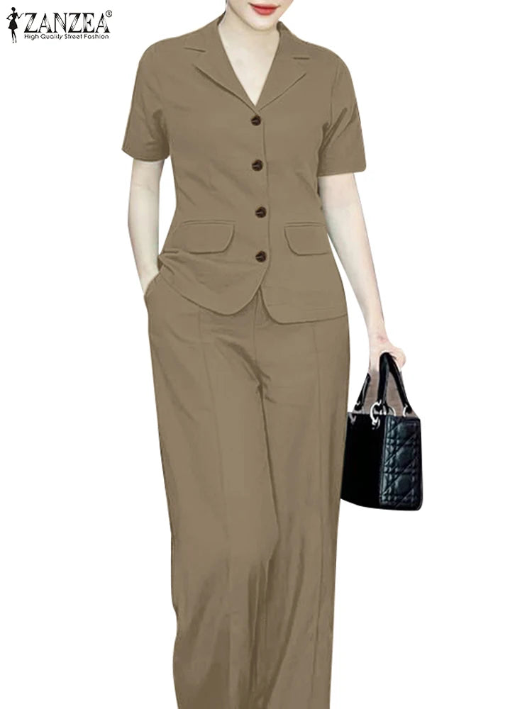 Summer Fashion OL Pant Sets ZANZEA 2PCS Women Outfits Short Sleeve Tops Wide Leg Trousers Suits Elegant Work Tracksuits Oversize