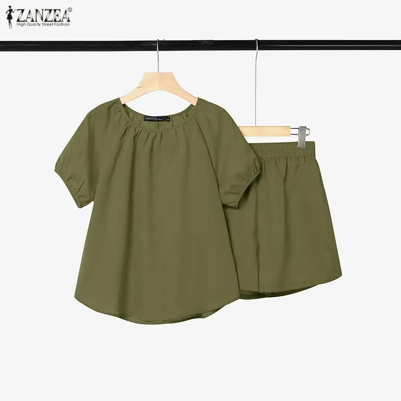 ZANZEA Women 2 Piece Matching Short Sets Loose Short Puff Sleeve Blouse & Elastic Waist Shorts Suits Summer Daily Sets Outfits