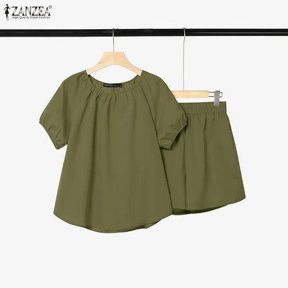 ZANZEA Women 2 Piece Matching Short Sets Loose Short Puff Sleeve Blouse & Elastic Waist Shorts Suits Summer Daily Sets Outfits
