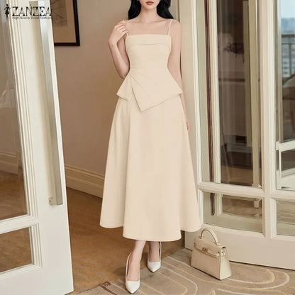 ZANZEA Women Elegant Skirt Suits Fashion Asymmetrical Hem Spaghetti Strap Top & A-Line Skirt 2 Pieces Sets Going-Out 2pcs Outfit