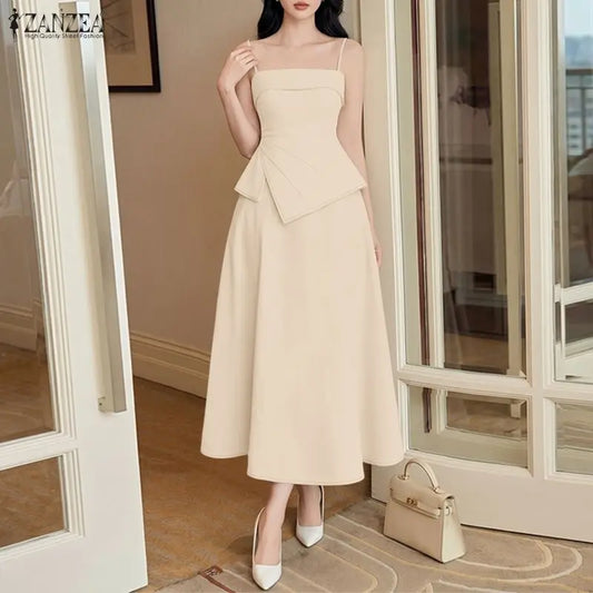 ZANZEA Women Elegant Skirt Suits Fashion Asymmetrical Hem Spaghetti Strap Top & A-Line Skirt 2 Pieces Sets Going-Out 2pcs Outfit