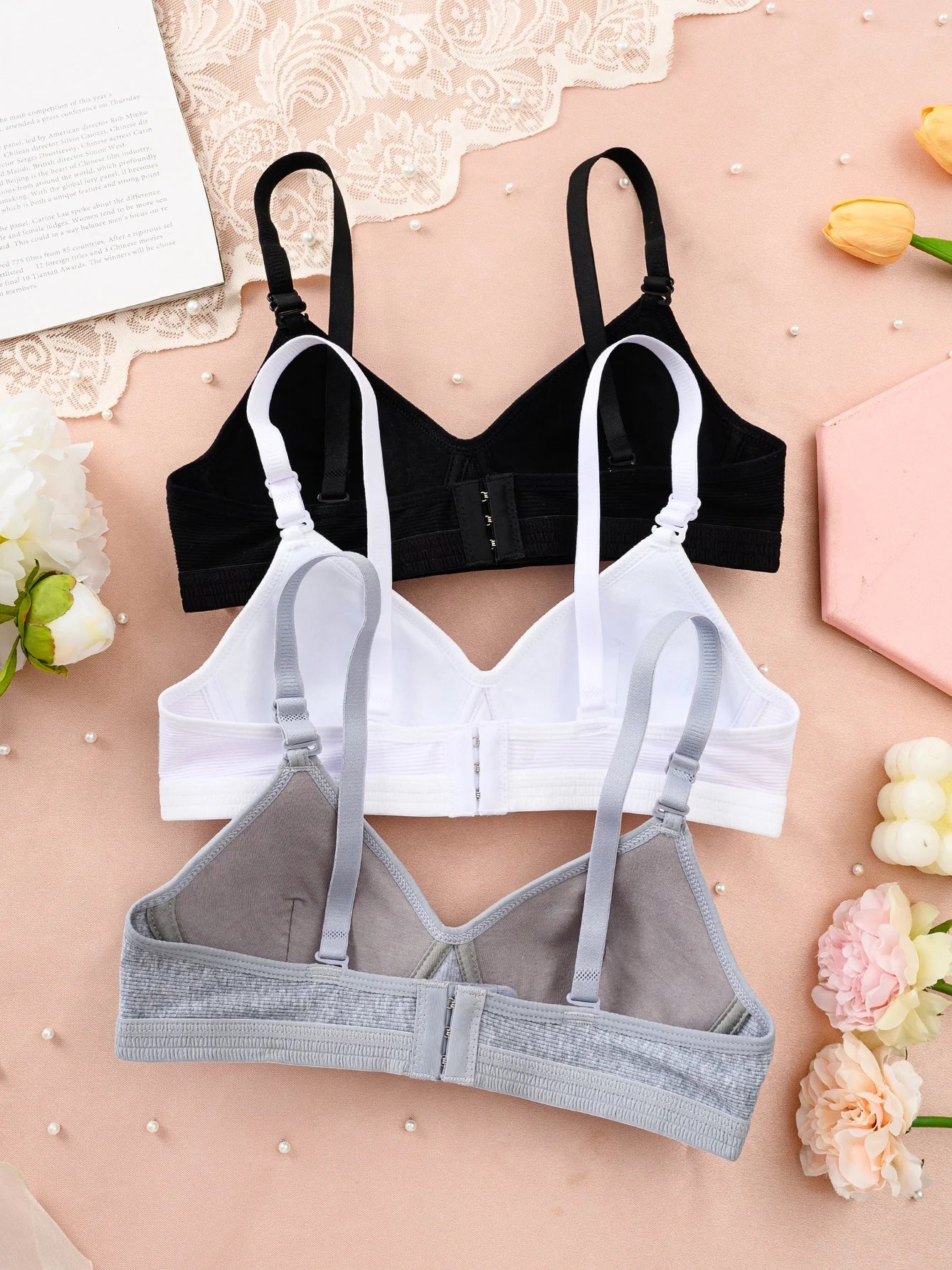 3 pcs teen bra with adjustable straps without underwire, non-removable chest pads, comfortable underwear