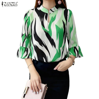 ZANZEA Elegant All-Over Print Blouses Woman Retro Mandarin Collar 3/4 Flare Sleeves Loose Tops Summer Bohemian Blusas de Mujer