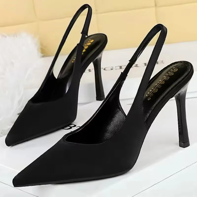 BIGTREE Shoes New Silks Satins Women Pumps Rear Strap Pointed End High Heels Stiletto Heels 9.5 Cm Summer High-Heeled Sandals