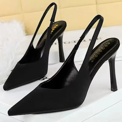 BIGTREE Shoes New Silks Satins Women Pumps Rear Strap Pointed End High Heels Stiletto Heels 9.5 Cm Summer High-Heeled Sandals