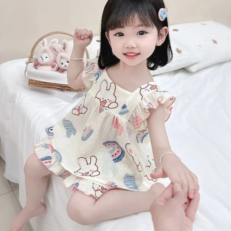 Summer Lightweight Cartoon Cherry Bear Pajamas Set Tank Top and Shorts for Women Girls Kids Baby Loungewear