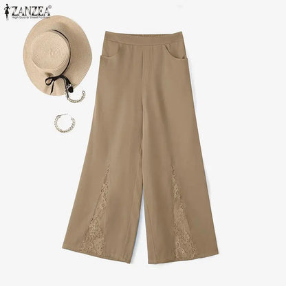 ZANZEA Fashion Lace Patchwork Women Pants Wide Leg Pants Long Trousers Summer Autumn Bottoms S-3XL Streetwear
