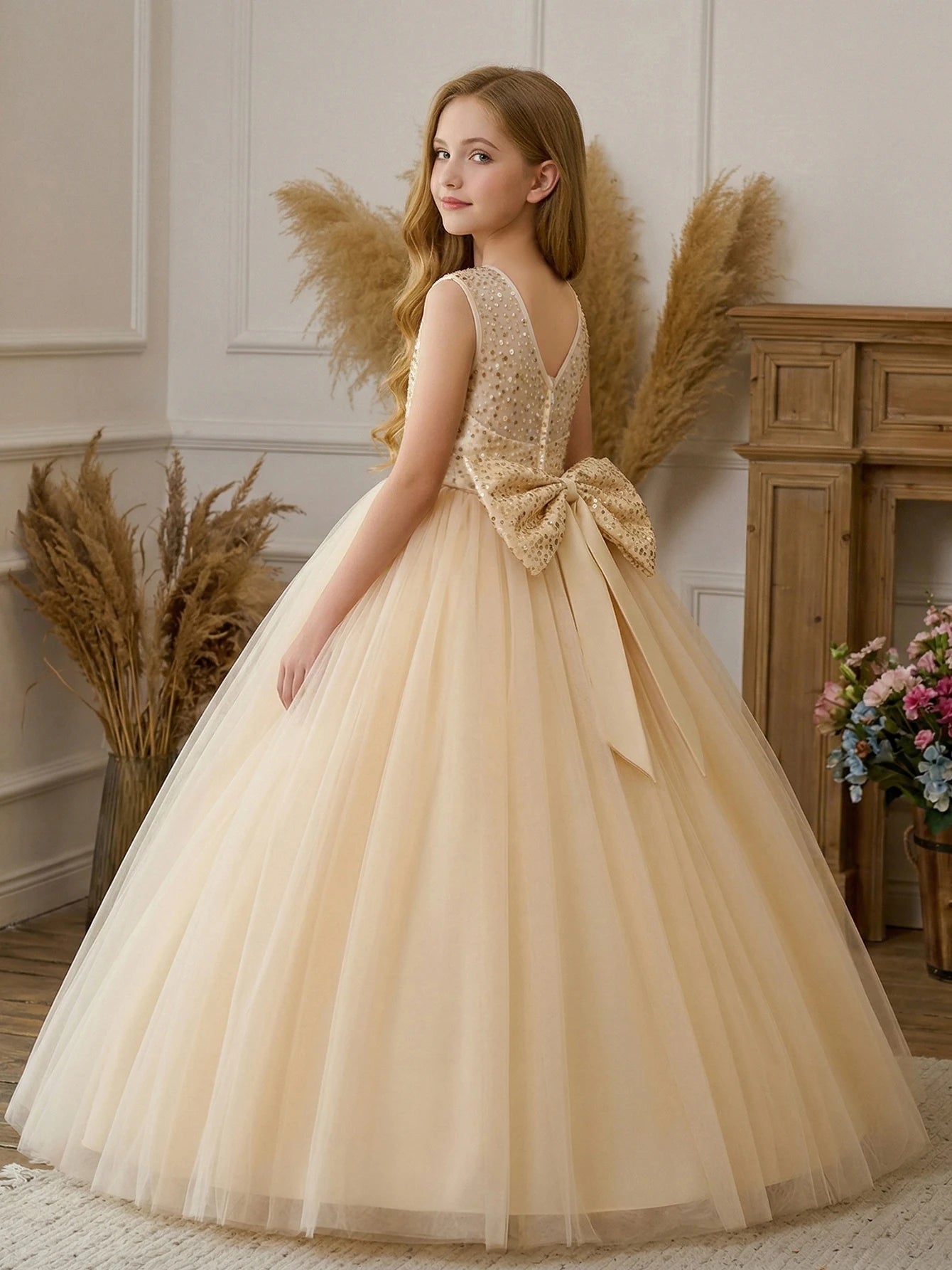 Girl Party Dress Pink Long-style Evening Dress with Large Bow V-neck A Magnificent Evening Dress, Birthday Party, Ball, Banquet