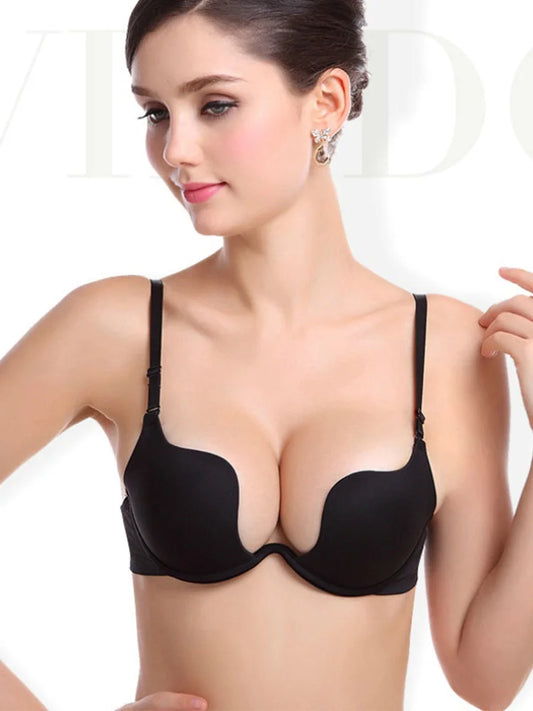 Japanese Deep V Push Up Sexy Bra Underwire Underwear Women Soutien Gorge Thin Half Cup Solid Color Lingerie Beautiful Back