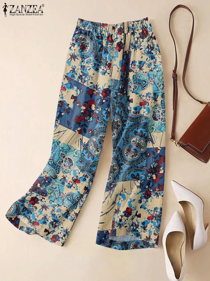 ZANZEA Woman Casual Wide Leg Pants Vintage Floral Paisley Printed Elastic Waist Trousers 2025 Spring Breathable Cotton Pantalon