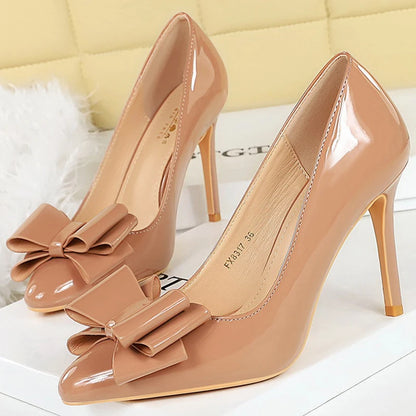 BIGTREE Shoes Bowknot Women Pumps Patent Leather High Heels 10 CM Stilettos Fashion Wedding Shoes Women Heels Large Size 42 43