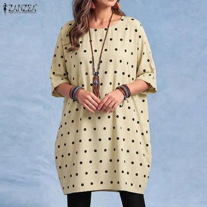 ZANZEA Woman Polka Dot Loose Long Blouses Round Neck 3/4 Sleeves Oversized Tunic Tops Autumn Casual Comfort Daily Wear Blusas