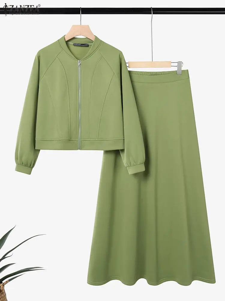 ZANZEA 2026 Spring Outfits Long Sleeve Blouse Skirt Suit Fashion Women 2 Pieces Sets Zipper Coats Maxi Dress Muslim Matching Set