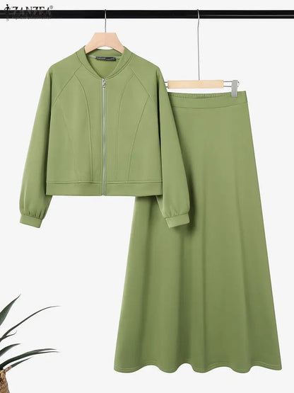 ZANZEA 2026 Spring Outfits Long Sleeve Blouse Skirt Suit Fashion Women 2 Pieces Sets Zipper Coats Maxi Dress Muslim Matching Set
