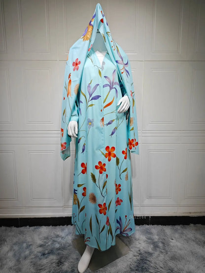 Eid Scarf Abaya Women 2 Piece Set Elegant Muslim Jalabiya Long Cardigan Dress Dubai Style Morocco Caftan for Ramadan Party Arab