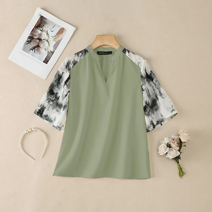 ZANZEA Elegant Blouses for Woman Patchwork Fashion Printed 3/4 Sleeve V-Neck Loose Tops Summer Daily Casual Blusas de Mujer