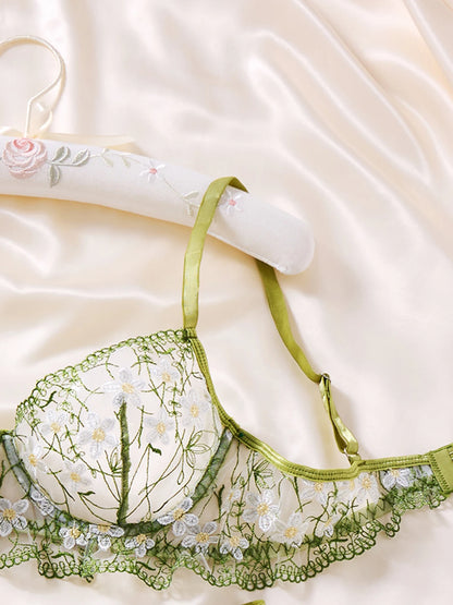 Daisy Floral Embroidery Sheer Mesh Lingerie Set Women Green Underwire Bra And Thong Sexy Ladies Underwear ZA825194