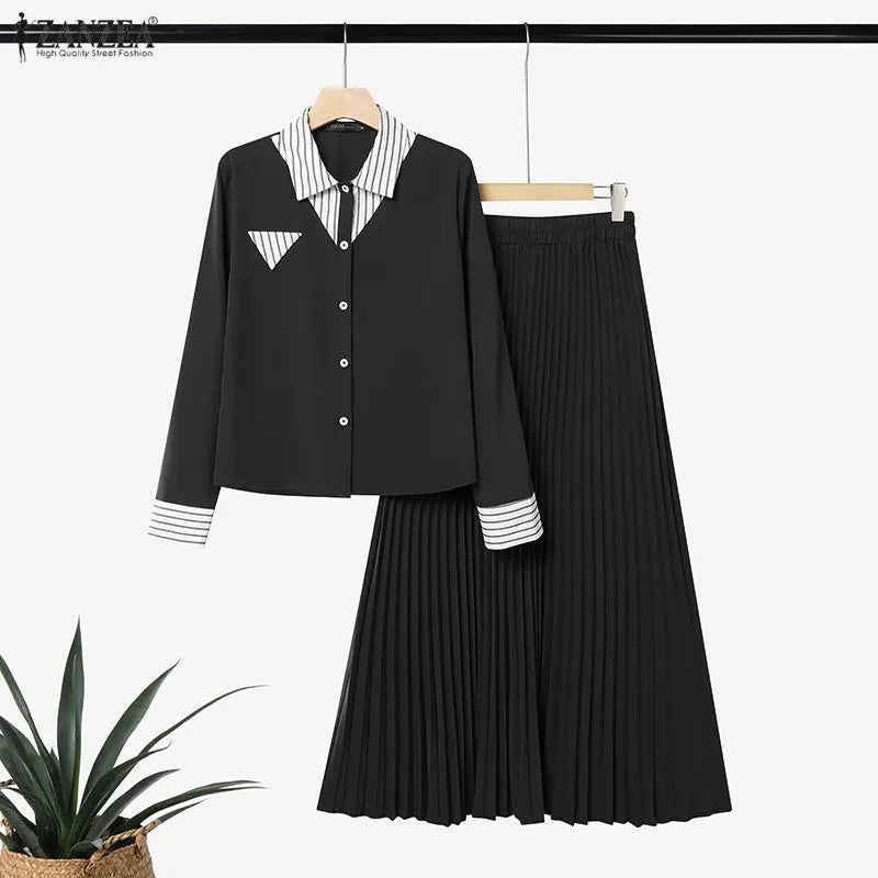 Autumn Outfits ZANZEA Muslim Modest 2 Pieces Sets Elegant Women Striped Patchwork Long Sleeve Shirt With Pleated Maxi Skirt 2026