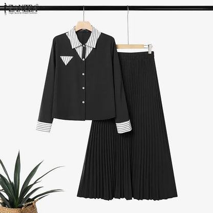 Autumn Outfits ZANZEA Muslim Modest 2 Pieces Sets Elegant Women Striped Patchwork Long Sleeve Shirt With Pleated Maxi Skirt 2026