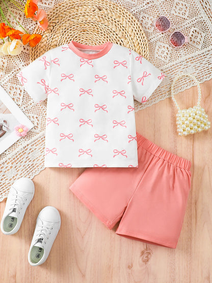 Girls Summer Outfit Butterfly Knot Print Short Sleeve Shorts Set Cute Fashionable Child Ensemble for Girls