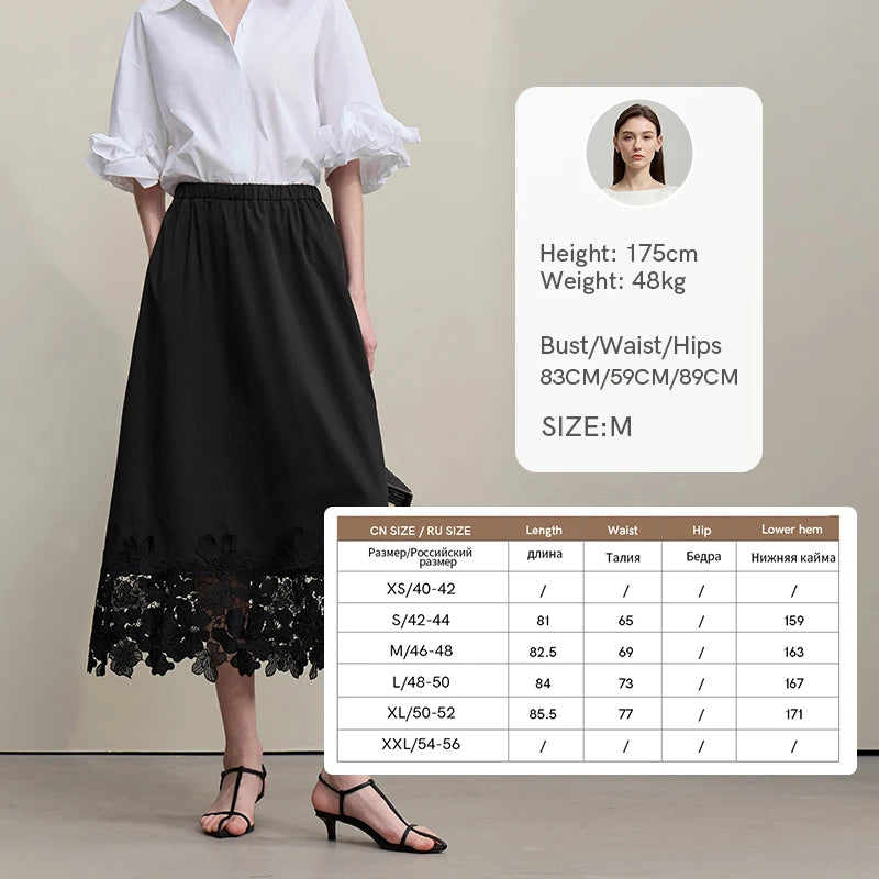 Amii Women's Skirt 2026 Summer New Elastic Waist Cutout Lace Hem Midi Casual Loose Fit Floral Trim Skirt For Women 12622106