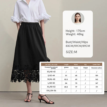 Amii Women's Skirt 2026 Summer New Elastic Waist Cutout Lace Hem Midi Casual Loose Fit Floral Trim Skirt For Women 12622106