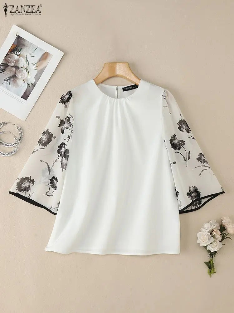 ZANZEA Elegant Women's Blouses Fashion O-Neck Floral Chiffon Sleeve Patchwork Loose Tops 2026 Spring Summer Woman Clothes S-3XL
