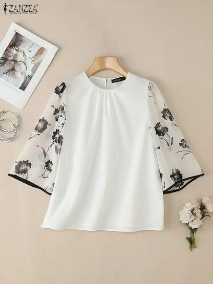ZANZEA Elegant Women's Blouses Fashion O-Neck Floral Chiffon Sleeve Patchwork Loose Tops 2026 Spring Summer Woman Clothes S-3XL