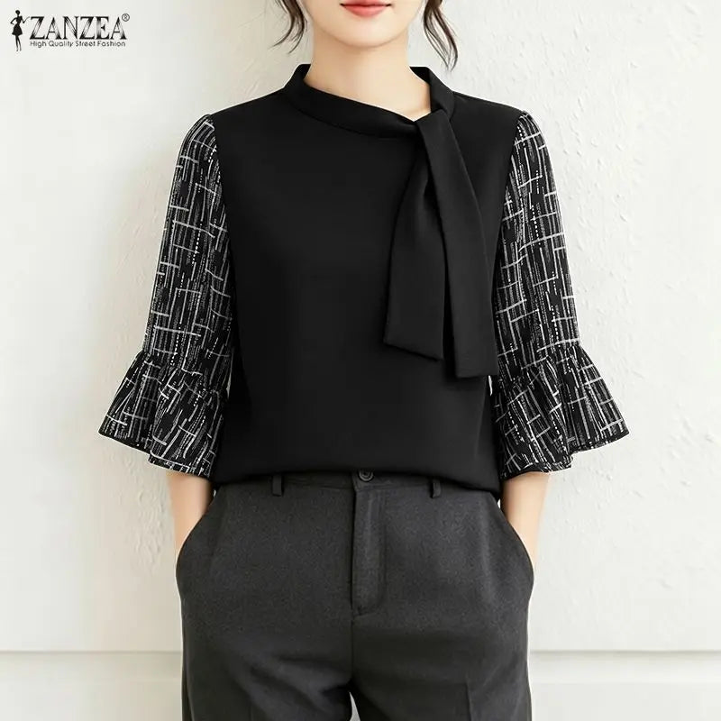 ZANZEA 2026 Women Elegant Tie Neck Blouses Patchwork 3/4 Flared Sleeve Casual Tops Autumn Everyday Wear Dates Blusas Mujer