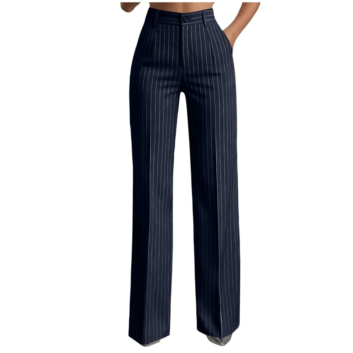 Women Striped Vintage Elastic Back Waist Suit Pants Draped Wide Leg Slacks Business Commute Casual Work Office Ladies Trousers