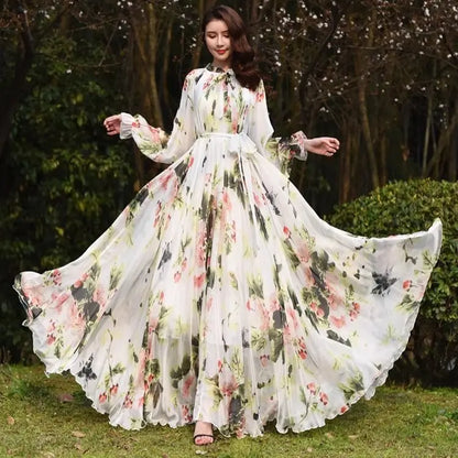 Spring Summer New Floral Printed Light Luxurious Elegant Retro Front Long Sleeve Long High-End High Street Chiffon Dress TS965
