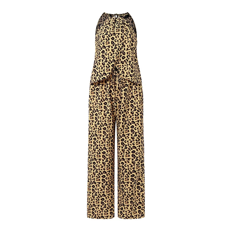 Stylish Women 2 Pieces Sets Leopard Print Holiday Outfits ZANZEA Summer Halter Sleeveless Tanks Tops Beach Pant Sets Streetwear